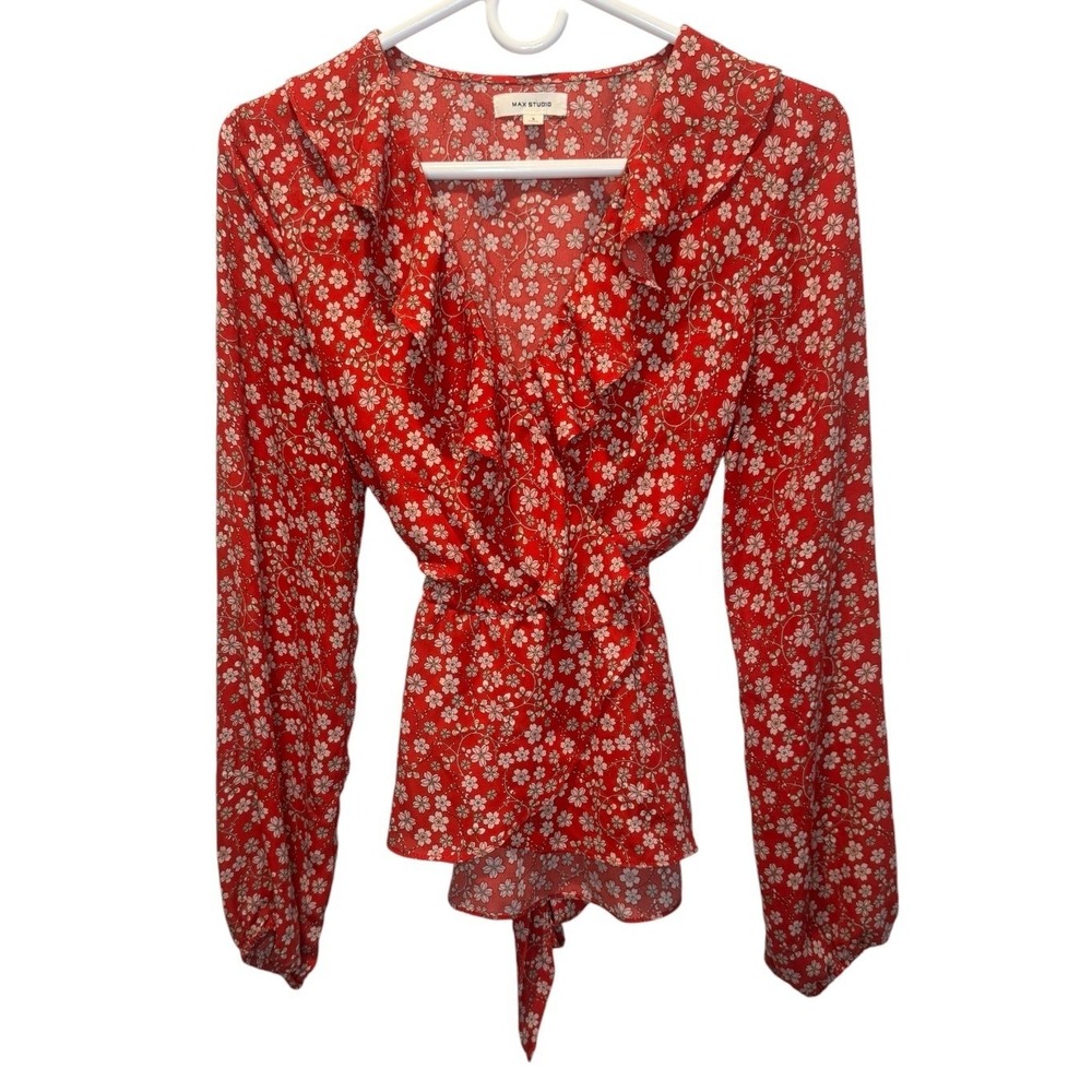 Max Studio Red Floral Ruffle Wrap Top Long Sleeve Tie Waist Blouse Small